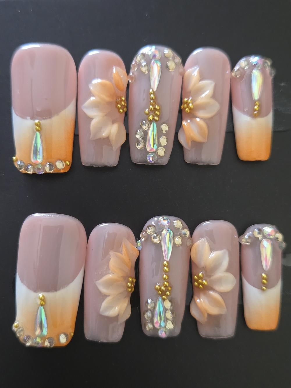 Nude & Peach Floral Rhinestone Press-On Nail Set